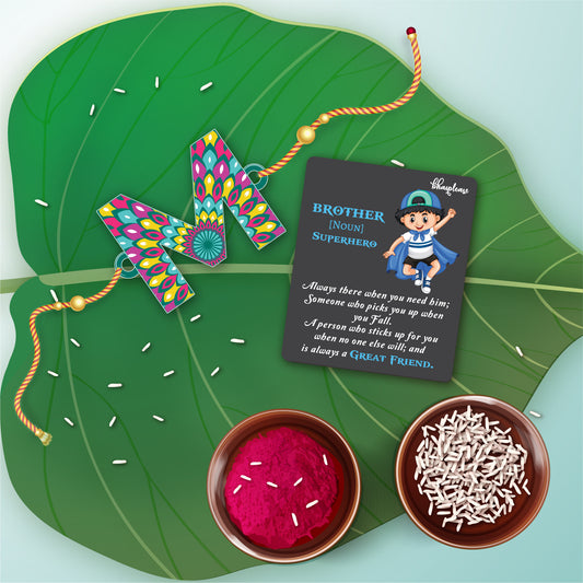 Alphabet M Wooden Rakhi With Super Brother Fridge Magnet
