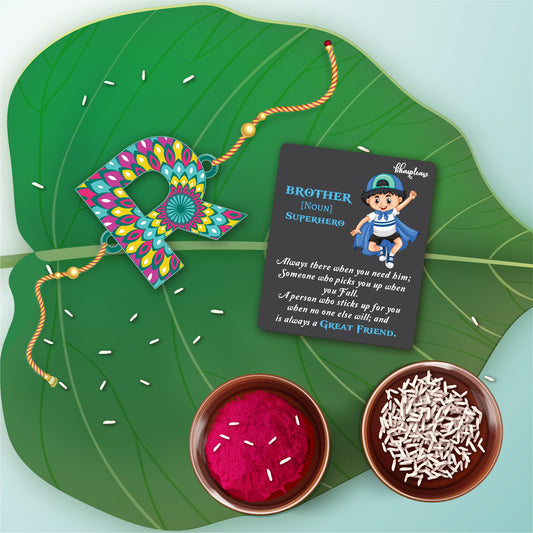 Alphabet R Wooden Rakhi With Super Brother Fridge Magnet