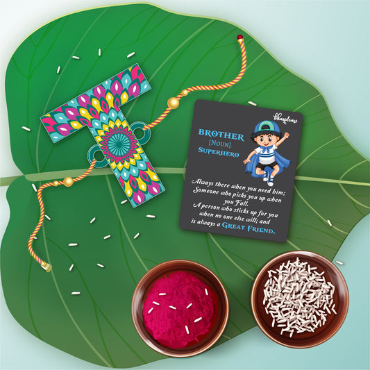 Alphabet T Wooden Rakhi With Super Brother Fridge Magnet