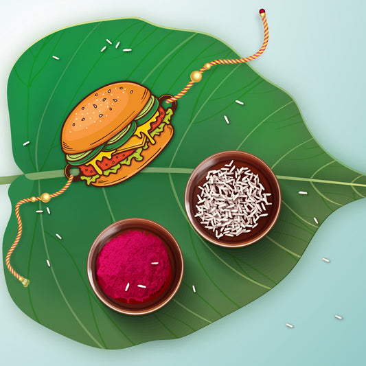Quirky Rakhi with burger design – wooden Rakhi