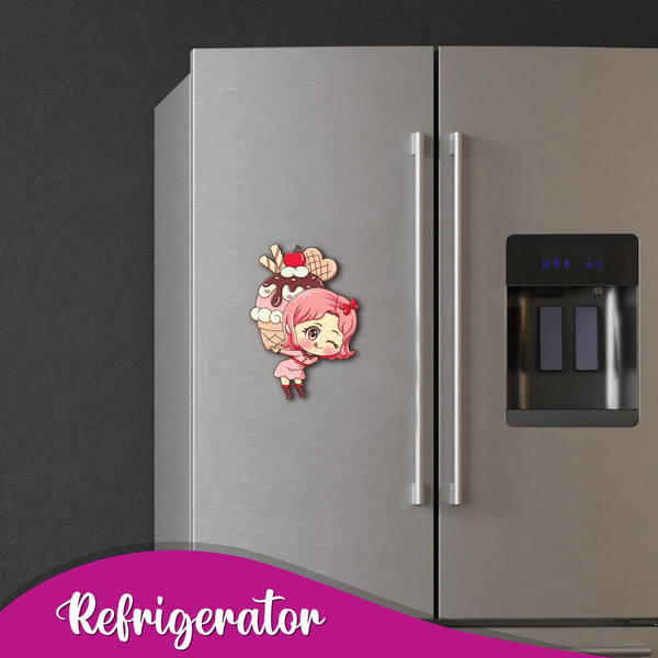 Fridge magnet of a baker presenting a cake
