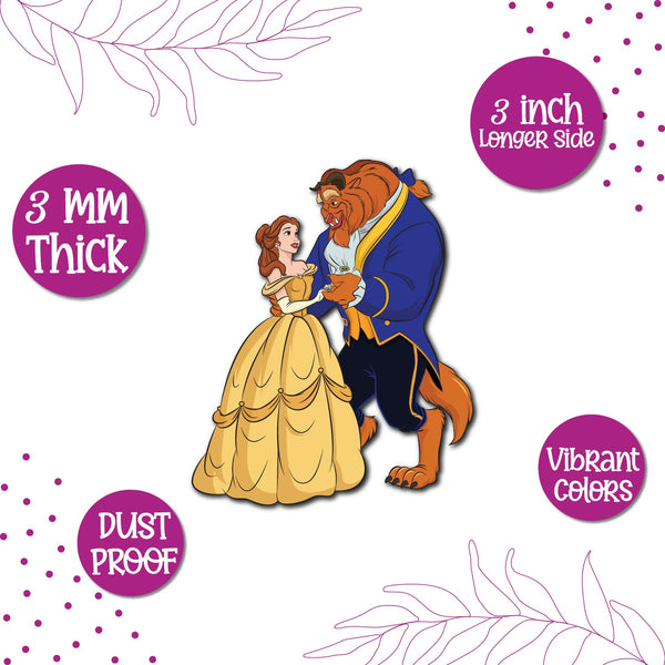 A Beauty and the Beast cartoon couple on a fridge magnet.