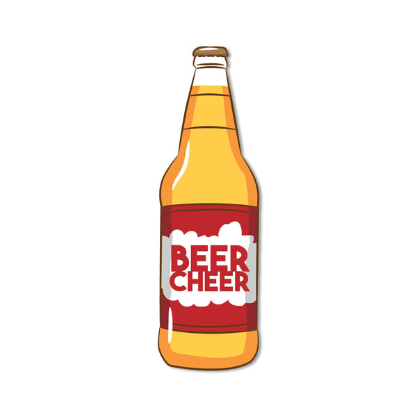 Detailed view of a novelty beer bottle magnet on a fridge door.