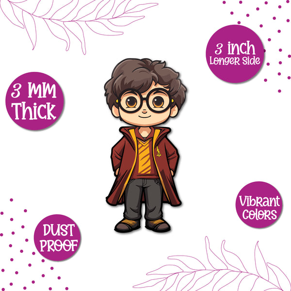 A Harry Potter character figure on a fridge magnet.