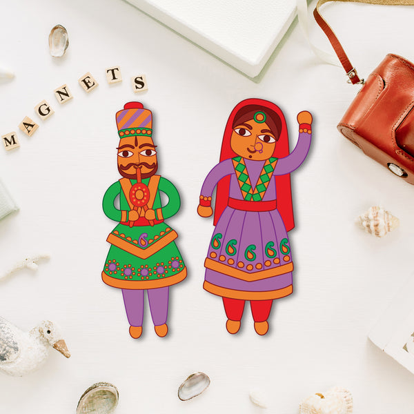 Premium wooden rajasthani couple fridge magnet handmade in India