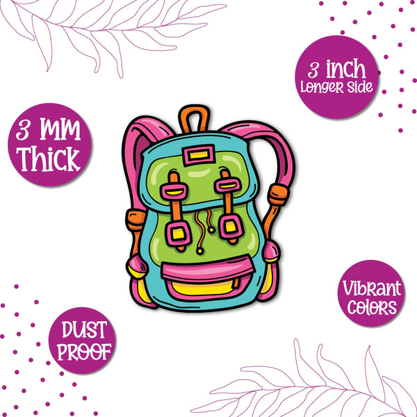 A collection of travel-themed magnets including the backpack.