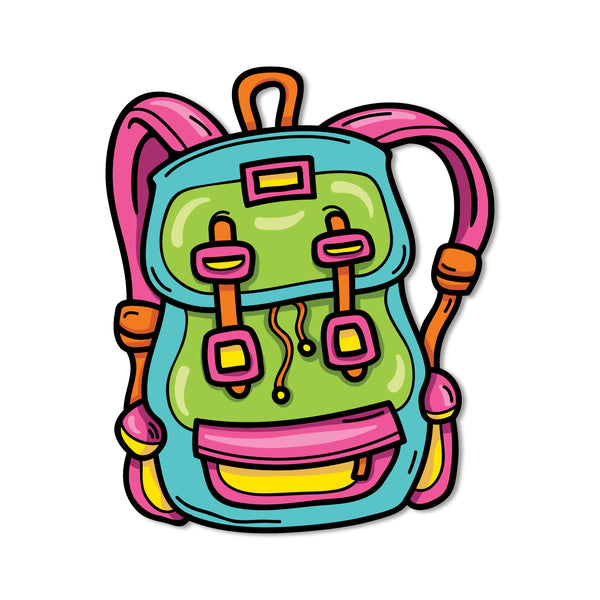 Adventure-themed magnet of a backpack.