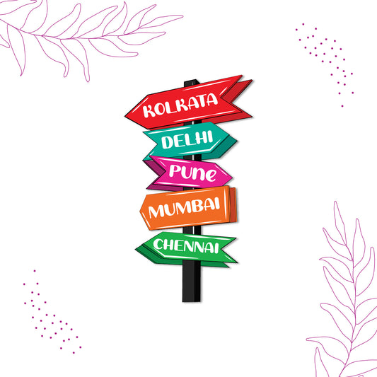 Decorative travel magnet pointing to Indian cities.
