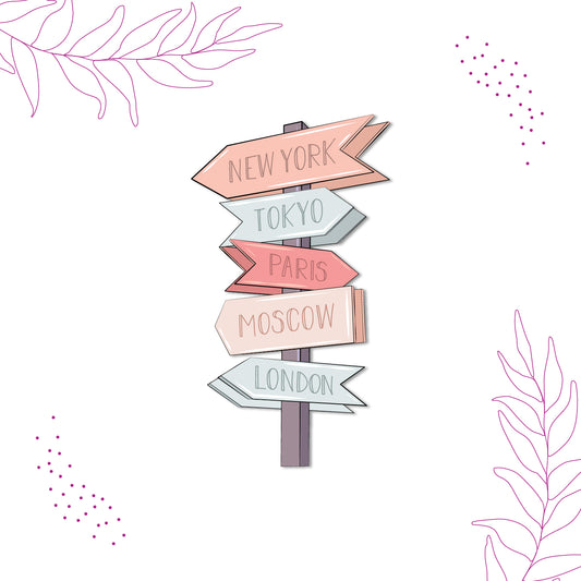 Decorative travel magnet pointing to international cities.