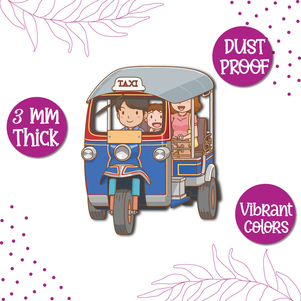 A group of Indian-themed magnets including the tuk-tuk.