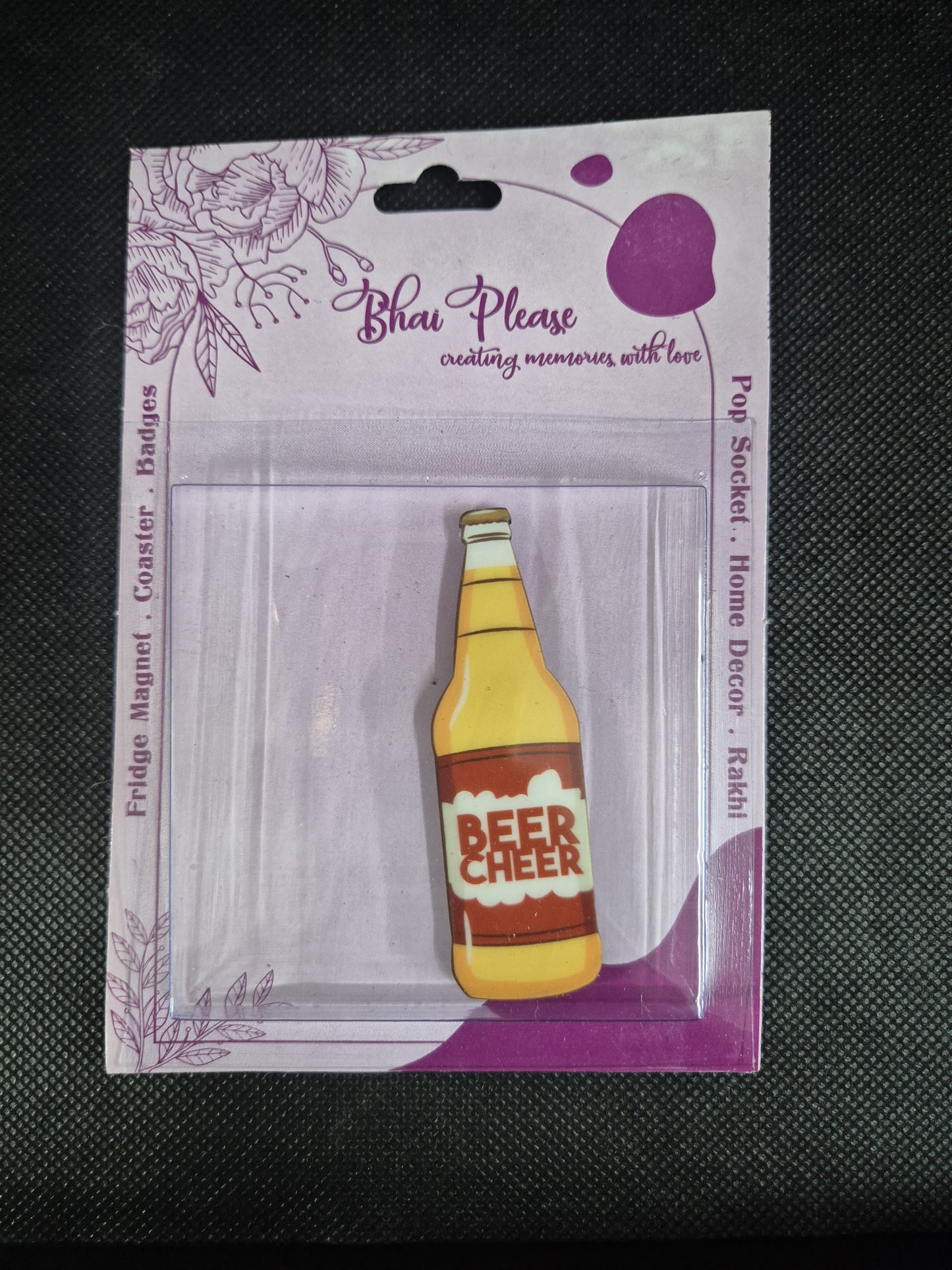 A quirky beer bottle-themed magnet with a strong magnetic hold.