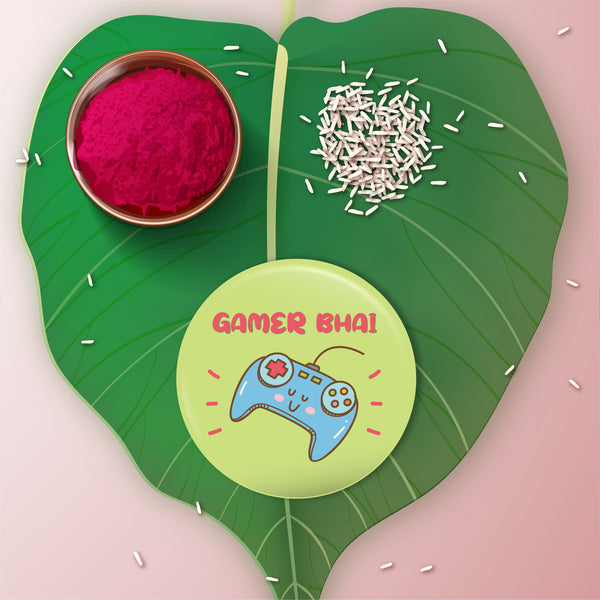Detailed view showing the metallic finish and quality of the Gamer Bhai Rakhi.