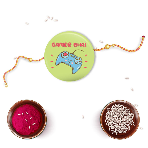 Gamer Bhai Rakhi and magnet displayed with a gaming controller, headset, or favorite video game.