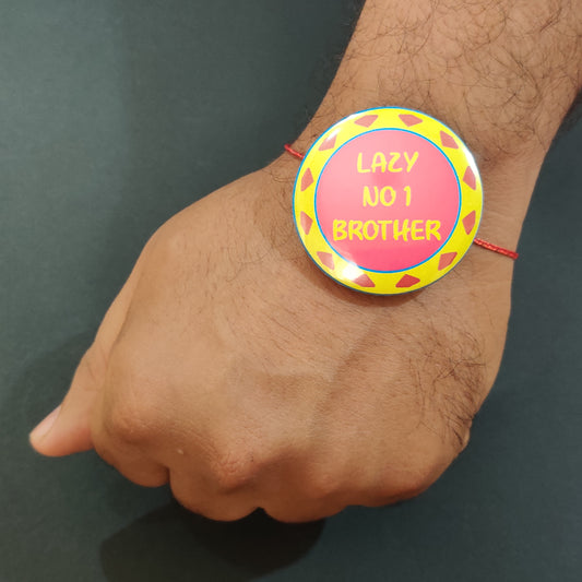 Lazy No 1 Brother Rakhi shown both on a thread and as a fridge magnet.