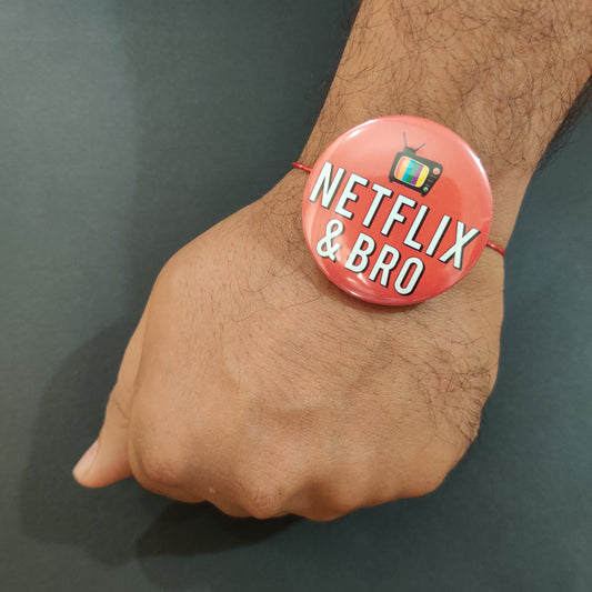 Netflix & Bro Rakhi shown both on a thread and as a fridge magnet.
