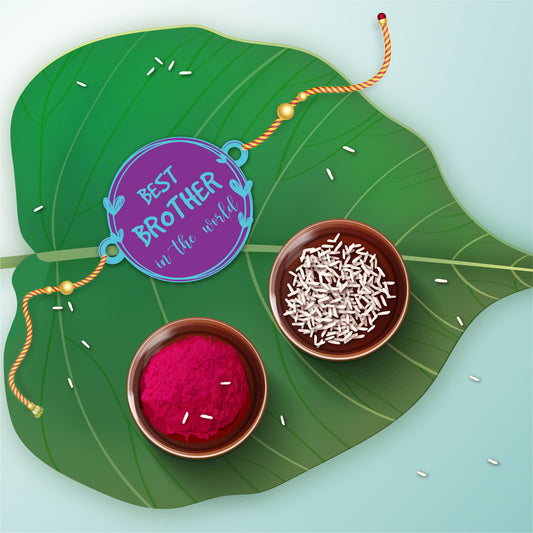 Close-up detail of 'Best Brother in the World' inscription on wooden Rakhi with Rudraksha beads
