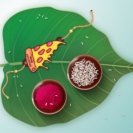 Humorous Bhukkad Bhai Pizza Wooden Rakhi with Rudraksha thread worn on a brother's wrist