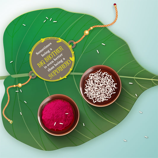 Detailed view of 'Being Big Brother is better than being Superhero' message on wooden Rakhi with Rudraksha beads