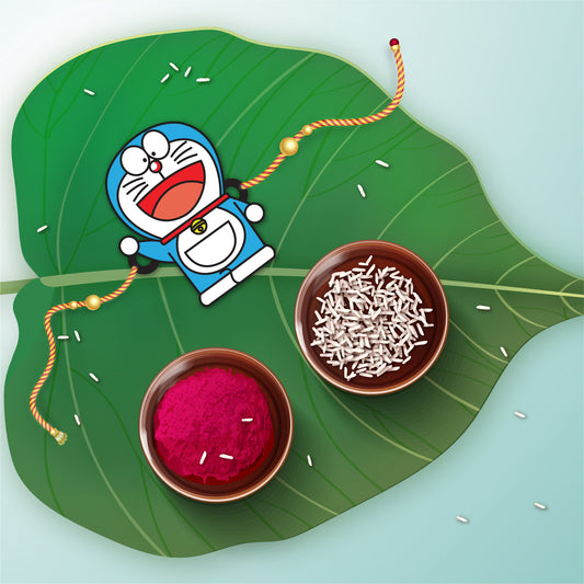Close-up detail of Doraemon design on wooden Rakhi with Rudraksha beads
