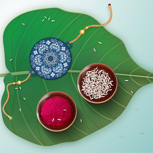 Detailed view of Mandala design on wooden Rakhi with Rudraksha beads