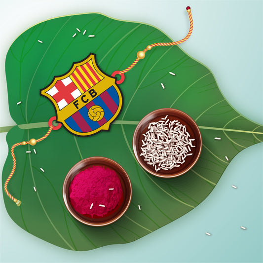 FC Barcelona Wooden Rakhi with Rudraksha | Barca Rakhi for Bro | Shop Online India