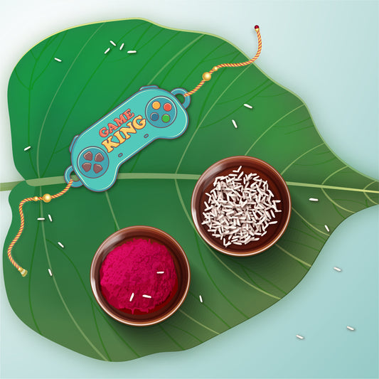 Close-up detail of gaming-themed design and 'Gamer King Bhai' inscription on wooden Rakhi with Rudraksha beads.