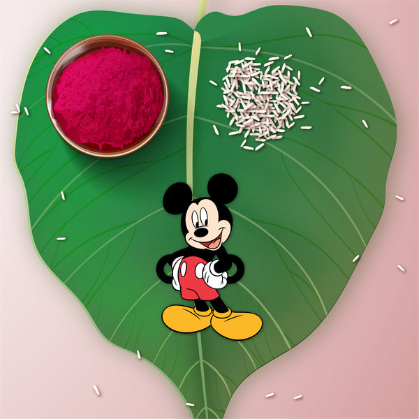Delightful gift packaging for Mickey Wooden Rakhi with Rudraksha.