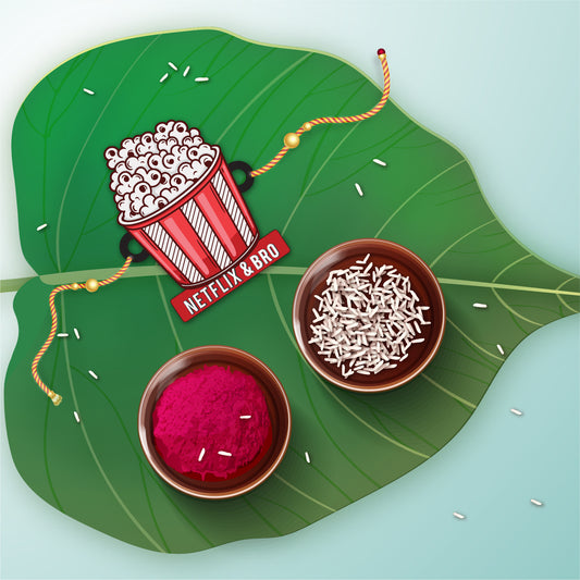 Close-up detail of 'Netflix & Bro' inscription on wooden Rakhi with Rudraksha beads.