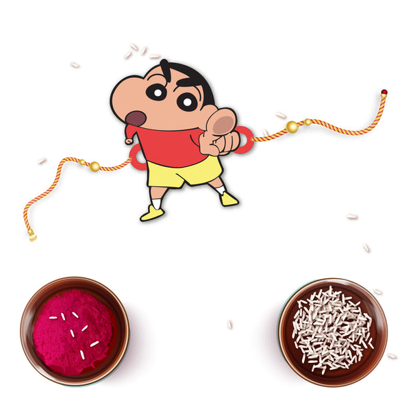 Detailed view showing the natural wood texture and smooth finish of the Shinchan Rakhi pendant.