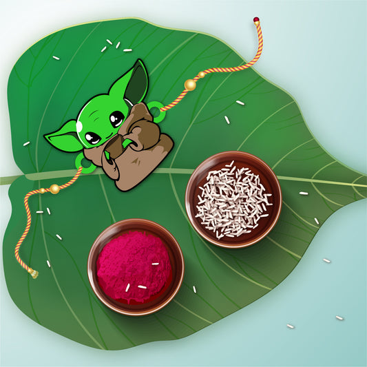 Close-up detail of Master Yoda design on wooden Rakhi with Rudraksha beads.