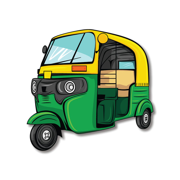 Indian auto rickshaw magnet from a side view.