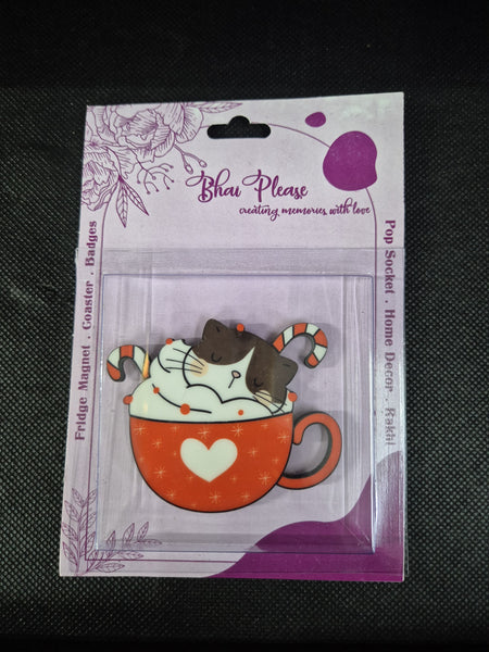 Cat in cup Wooden Fridge Magnet