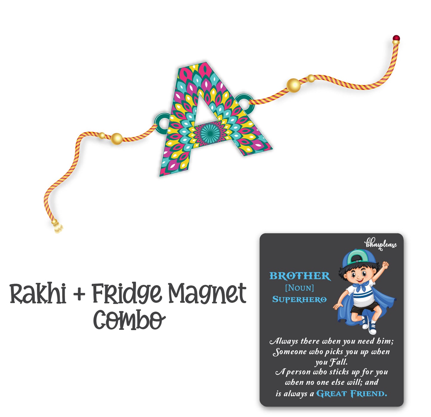 Alphabet A Wooden Rakhi With Super Brother Fridge Magnet