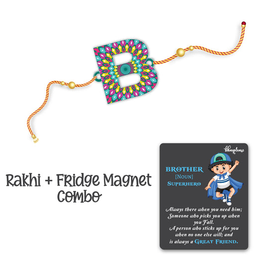 Alphabet B Wooden Rakhi With Super Brother Fridge Magnet