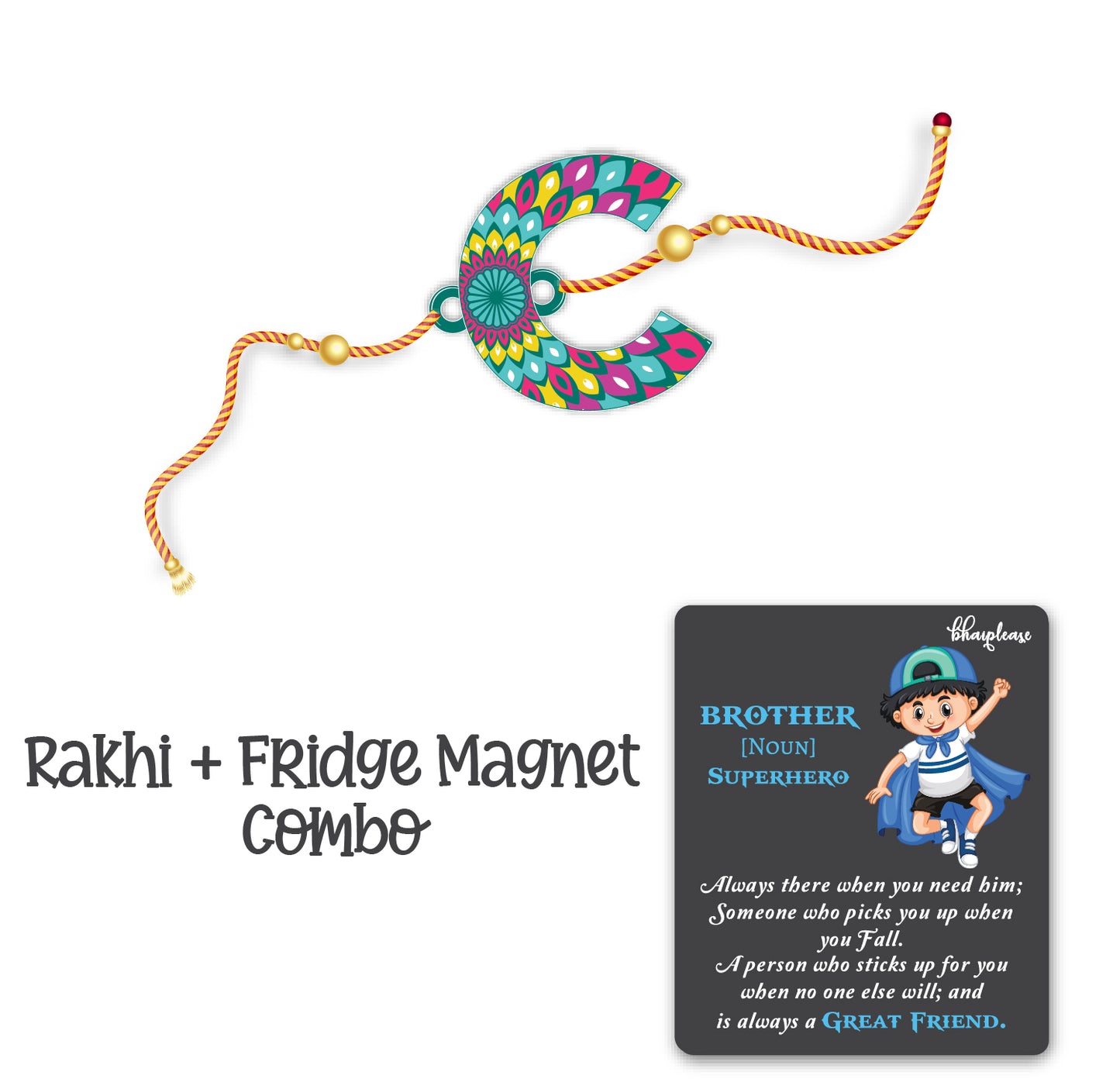 Alphabet C Wooden Rakhi With Super Brother Fridge Magnet