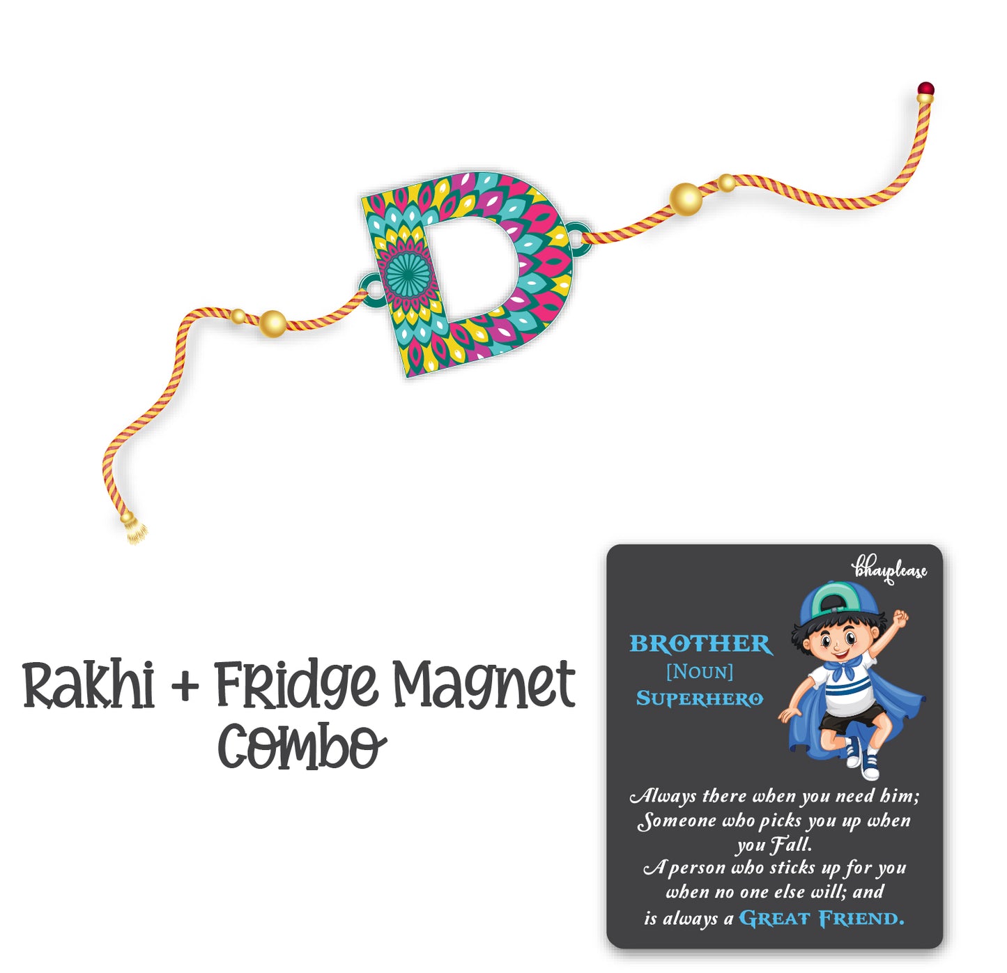 Alphabet D Wooden Rakhi With Super Brother Fridge Magnet