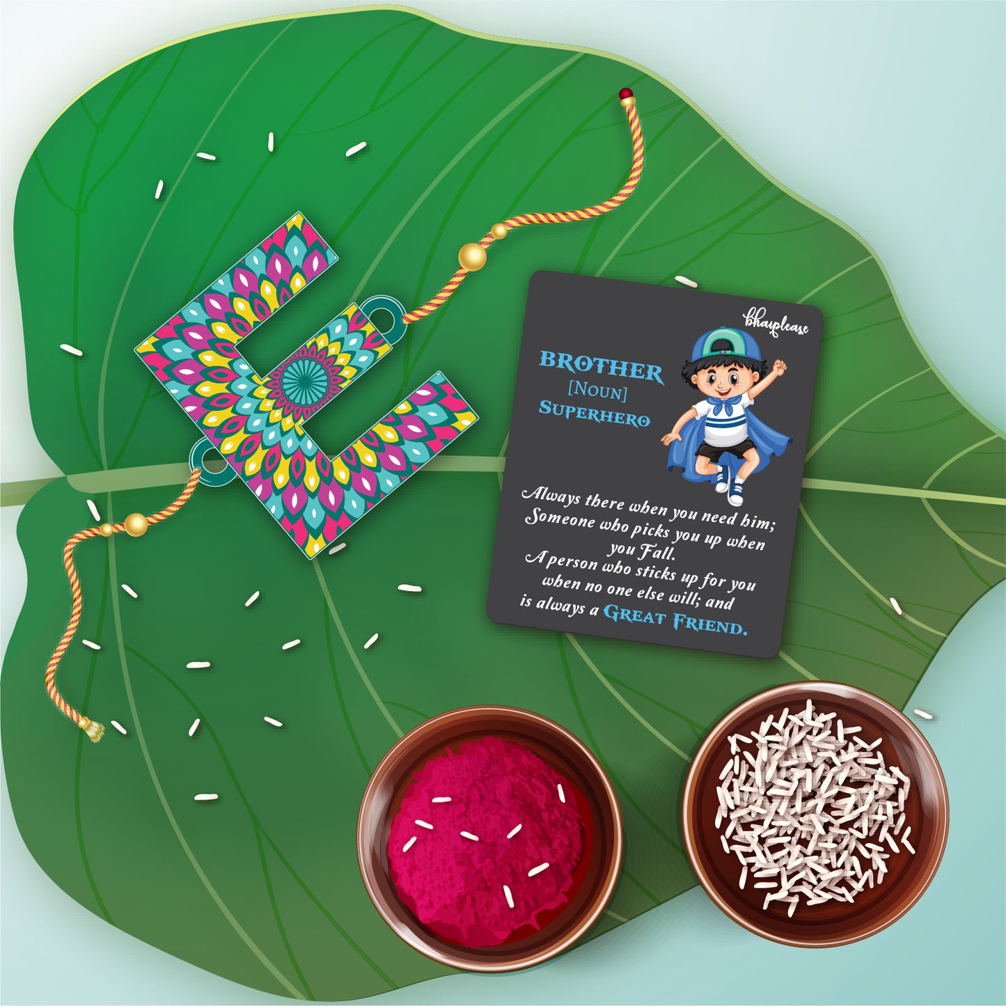 Alphabet E Wooden Rakhi With Super Brother Fridge Magnet