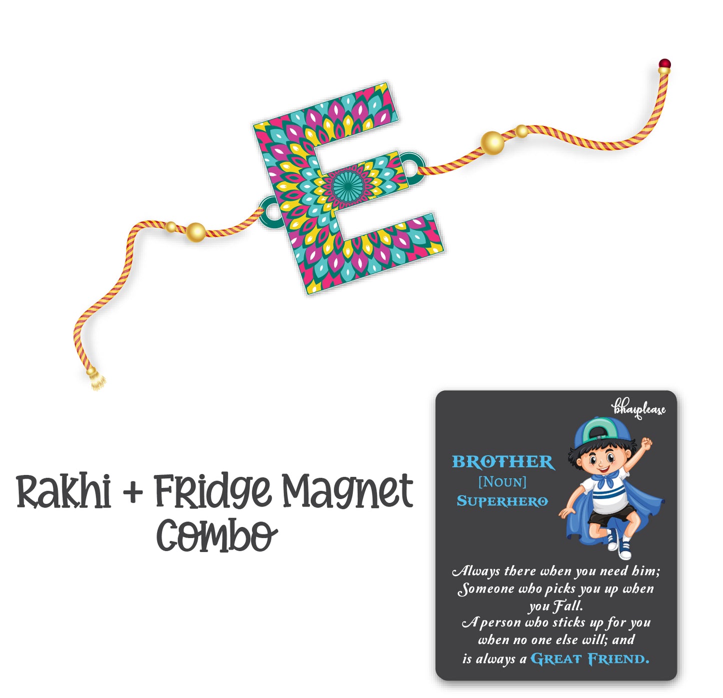 Alphabet E Wooden Rakhi With Super Brother Fridge Magnet