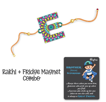 Alphabet E Wooden Rakhi With Super Brother Fridge Magnet
