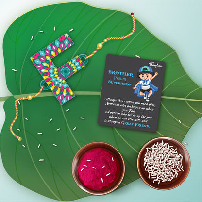 Alphabet F Wooden Rakhi With Super Brother Fridge Magnet