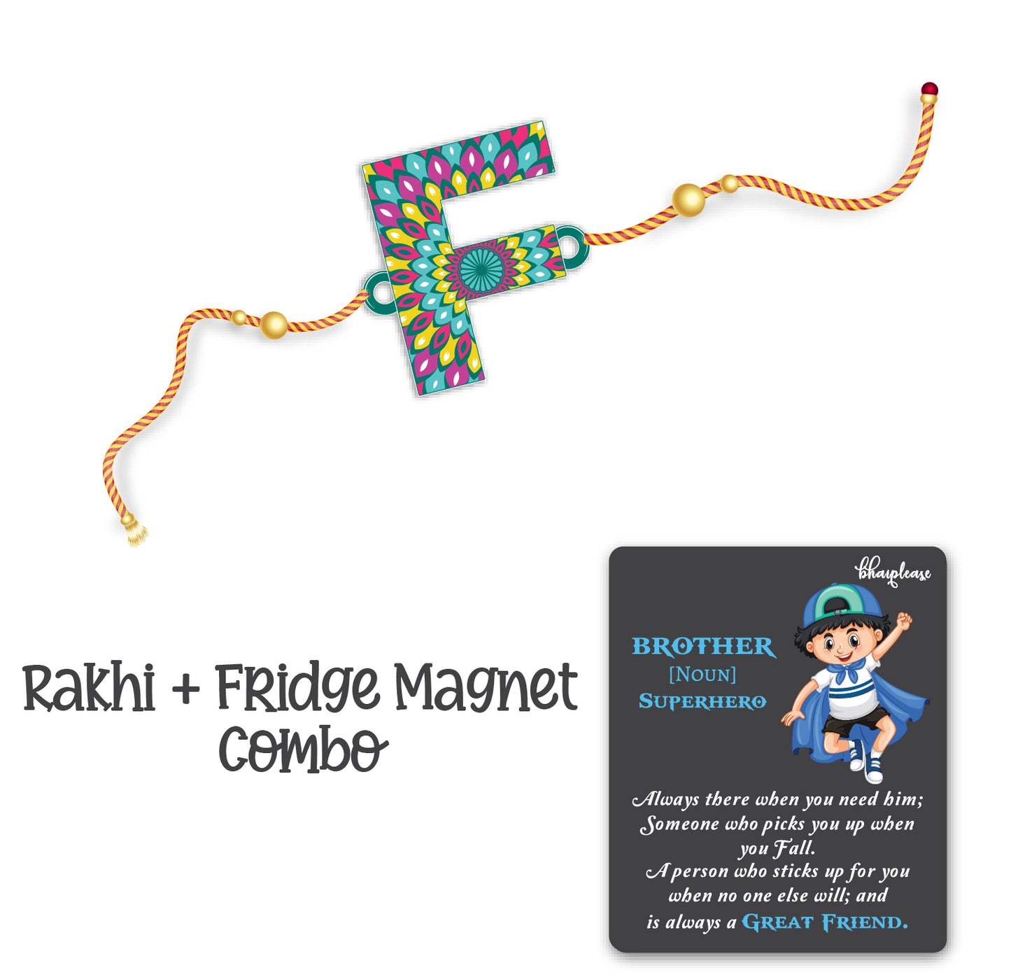 Alphabet F Wooden Rakhi With Super Brother Fridge Magnet