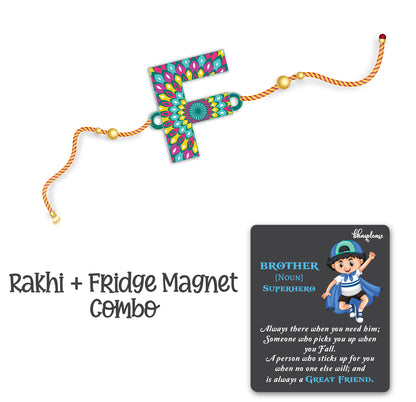 Alphabet F Wooden Rakhi With Super Brother Fridge Magnet