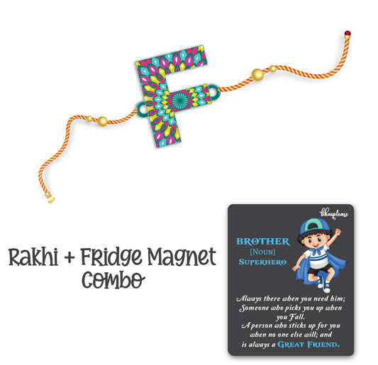 Alphabet F Wooden Rakhi With Super Brother Fridge Magnet