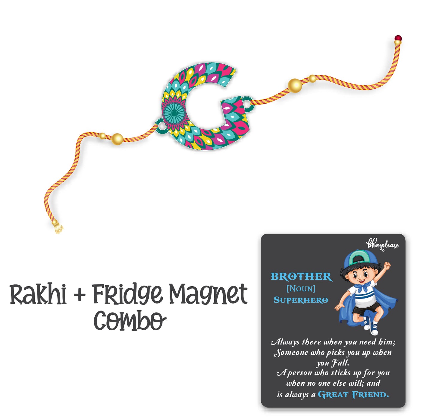 Alphabet G Wooden Rakhi With Super Brother Fridge Magnet
