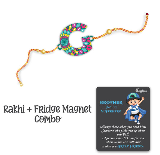Alphabet G Wooden Rakhi With Super Brother Fridge Magnet