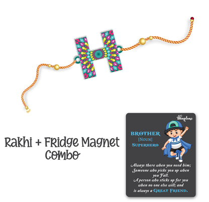 Alphabet H Wooden Rakhi With Super Brother Fridge Magnet