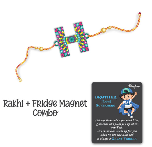 Alphabet H Wooden Rakhi With Super Brother Fridge Magnet