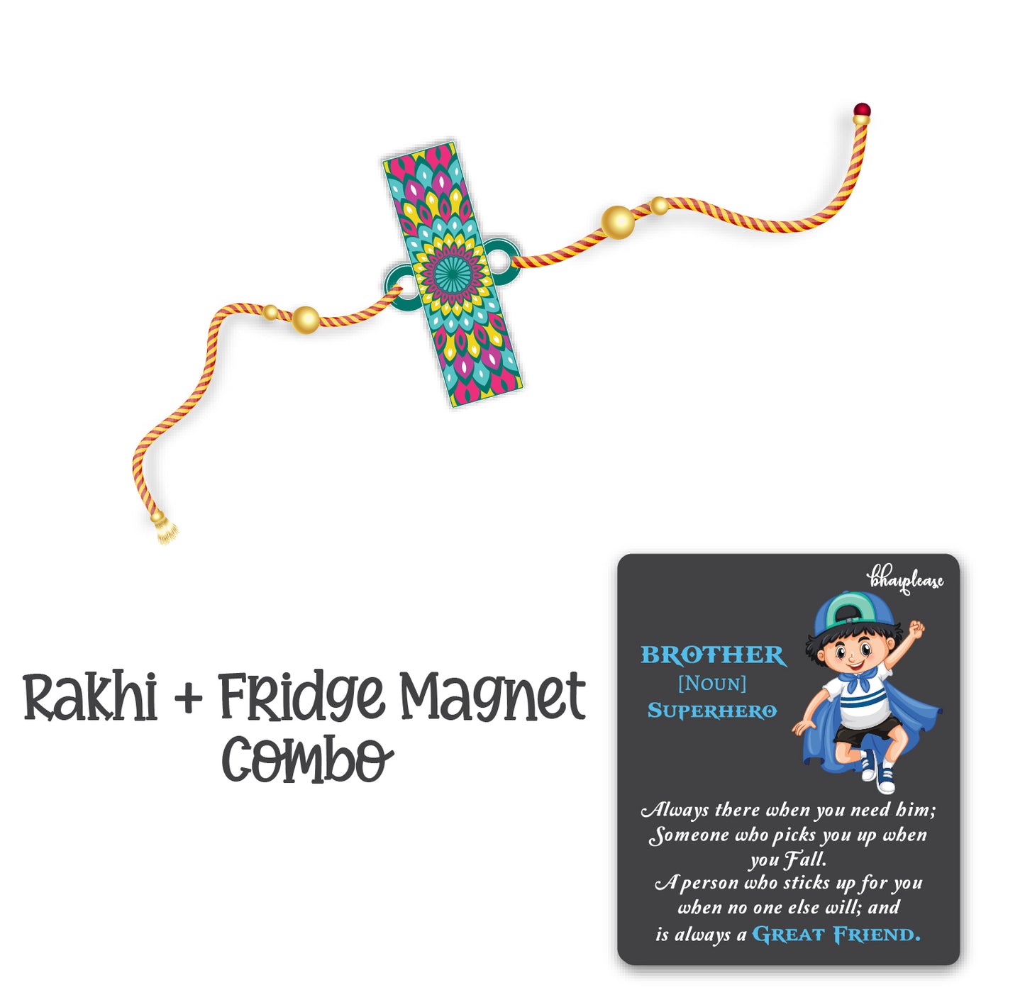 Alphabet I Wooden Rakhi With Super Brother Fridge Magnet