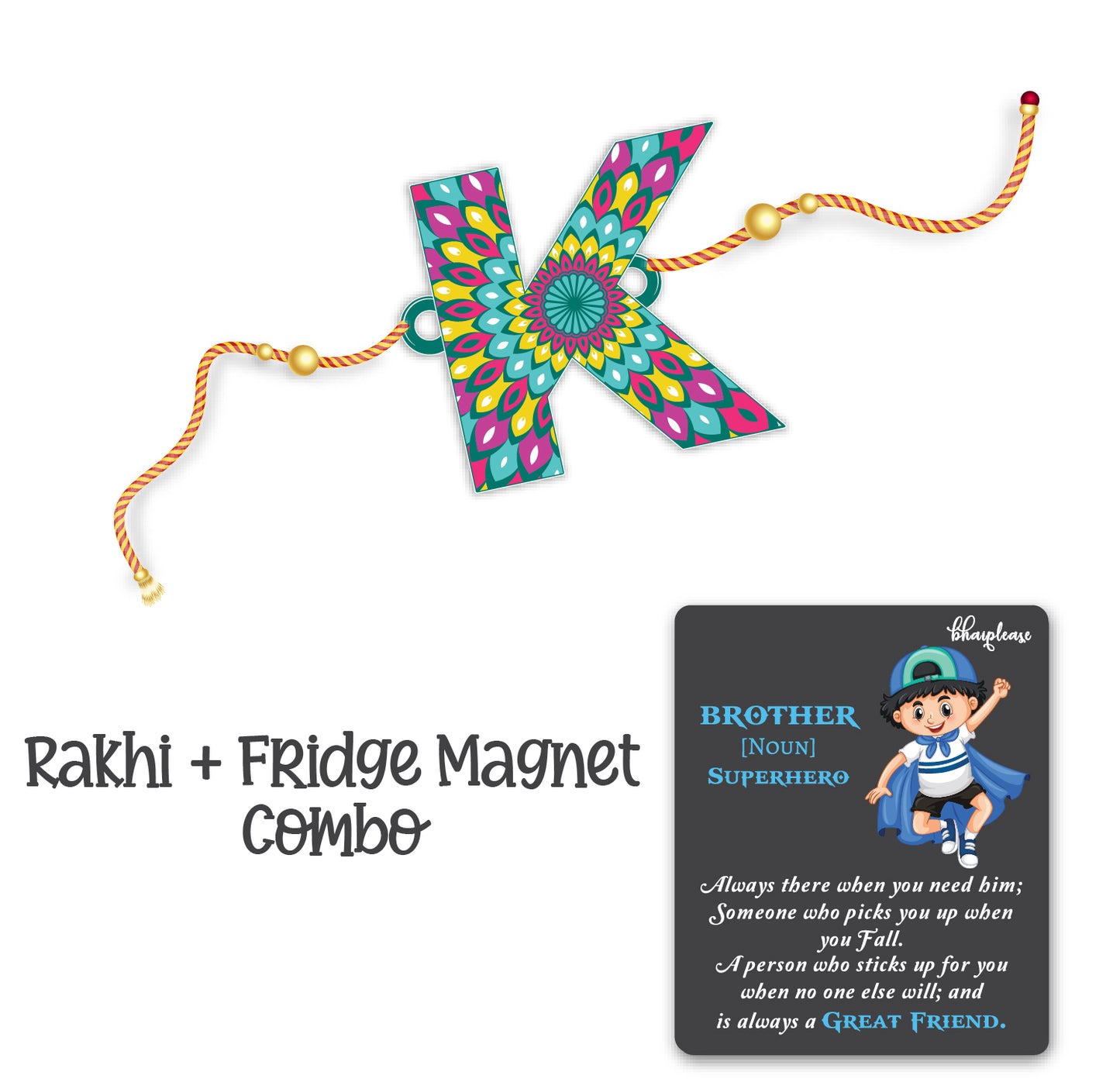 Alphabet K Wooden Rakhi With Super Brother Fridge Magnet