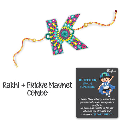 Alphabet K Wooden Rakhi With Super Brother Fridge Magnet